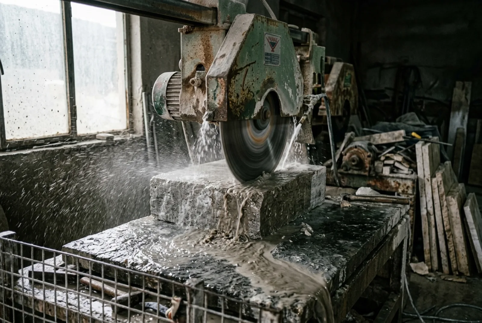 Wet saw blade cutting through a travertine block, water spraying off the blade
