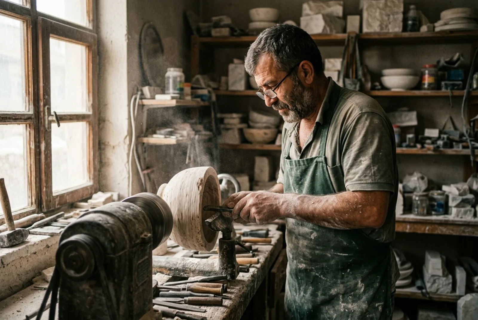 Craftsman shaping a travertine bowl on the lathe in window light