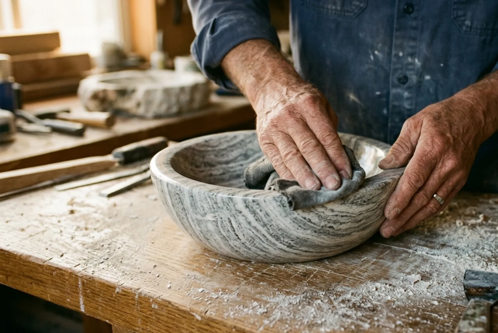 Weathered hands hand-polishing a finished travertine bowl on a workbench