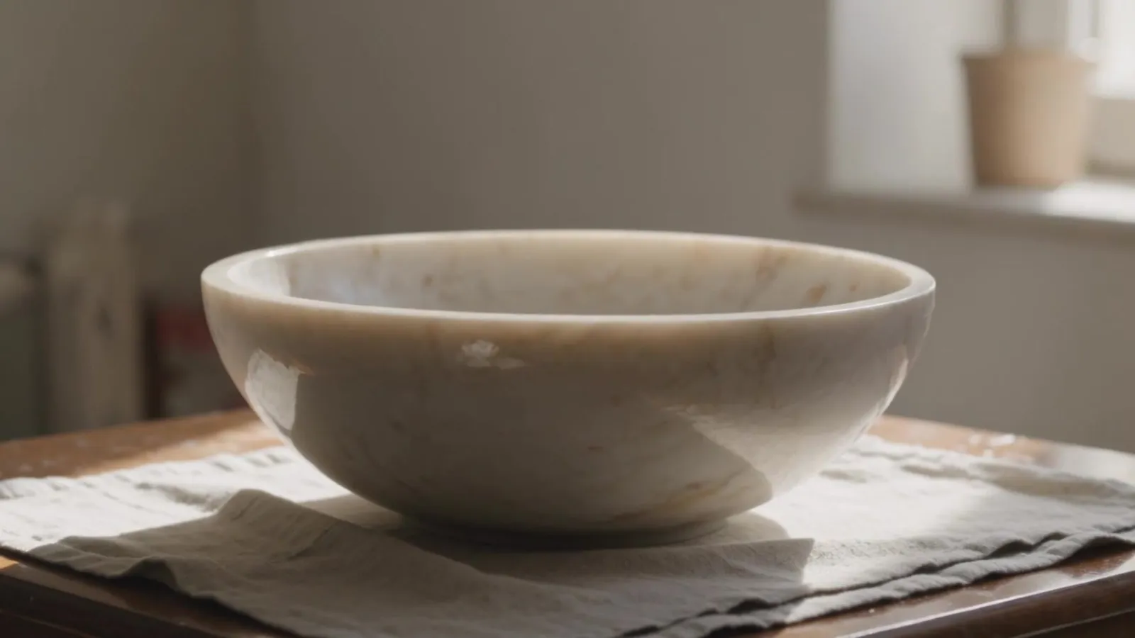 Finished travertine bowl resting on linen in the atelier
