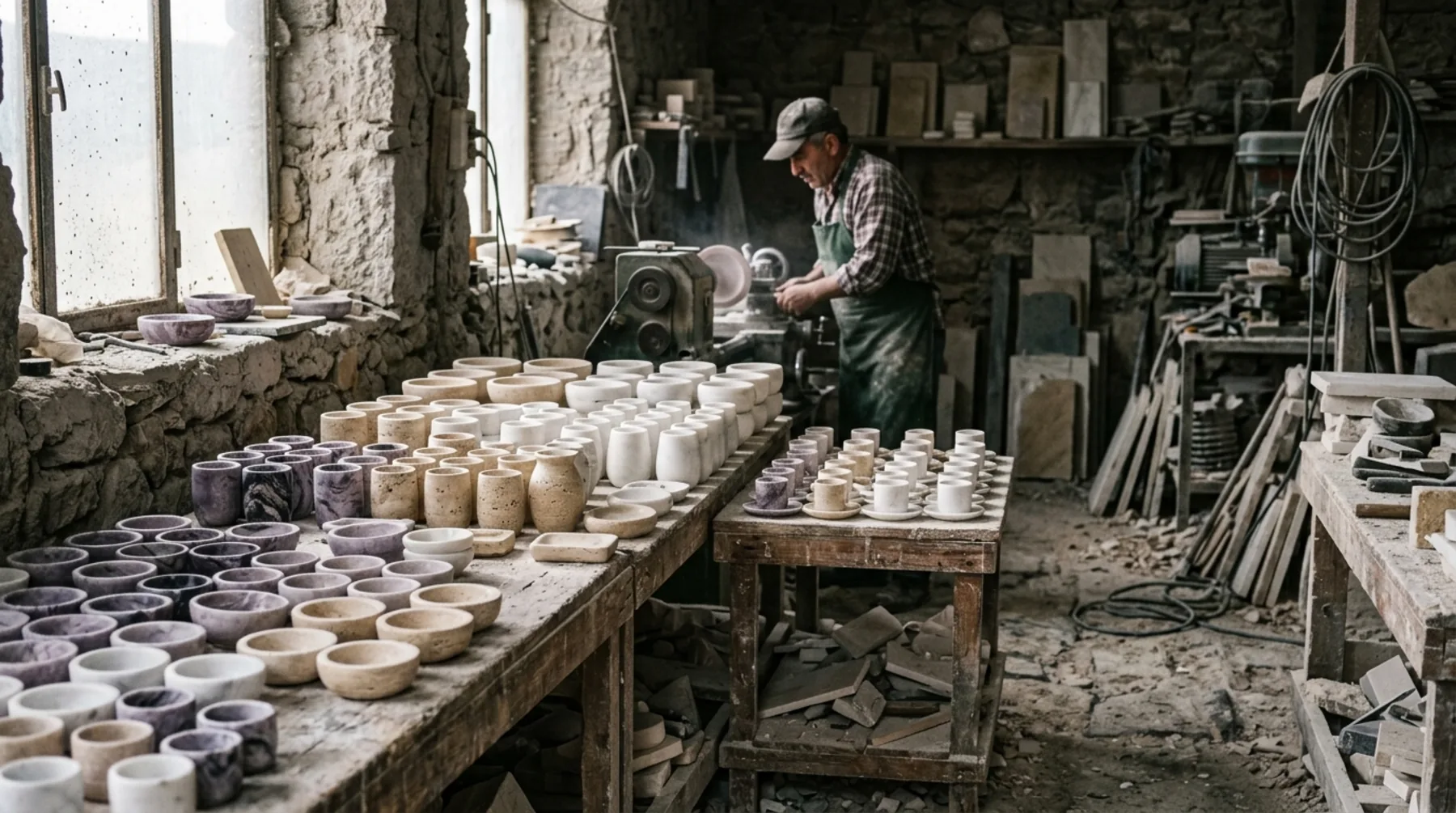 Rows of semi-finished marble bowls and cups on workbenches, the craftsman at the lathe behind
